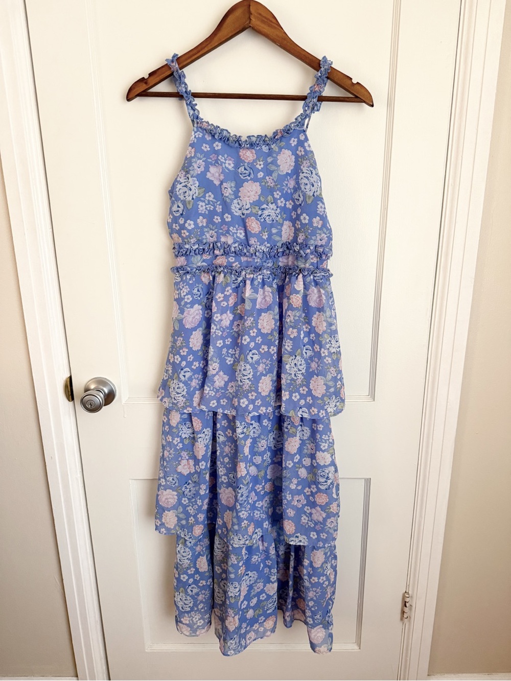 Beautees Lavender Blue Floral Tiered Dress with Pink Accents